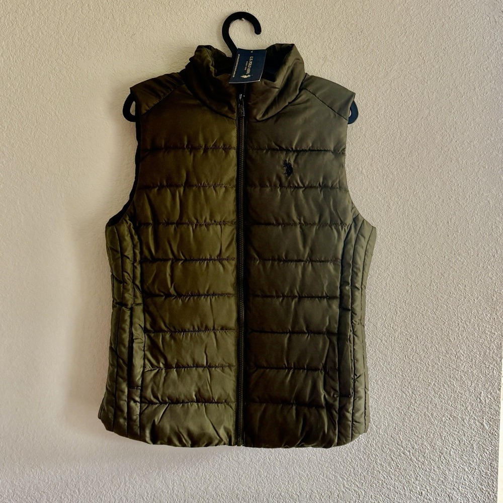 U.S. Polo Assn Women's Vest Green Faux Fur Size Medium Gorpcore Utility